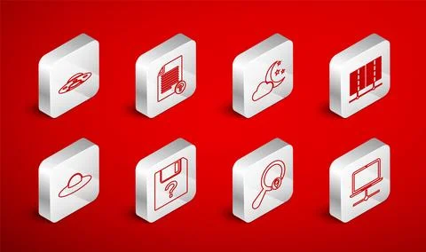 Set line Computer network, Unknown document, Cloud with moon and stars, Server 스톡 일러스트