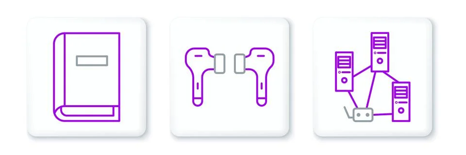 Set line Computer network, User manual and Air headphones icon. Vector Stock Illustration
