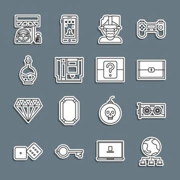 Set line Computer network, Video graphic card, Chest for game, Virtual reality Illustrazione stock