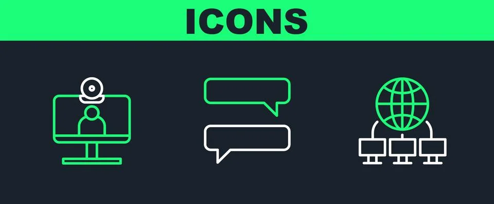 Set line Computer network, Video chat conference and Speech bubble icon. Vector Stock Illustration