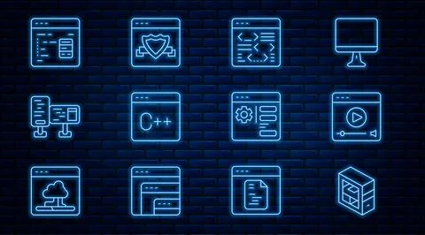 Set line Computer, Online play video, Software, monitor screen, Browser setting Stock Illustration