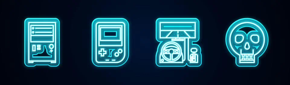 Set line Computer, Portable video game console, Racing simulator cockpit and  Stock Illustration