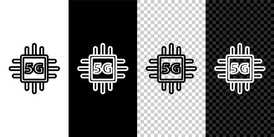 Set line Computer processor 5G with microcircuits CPU icon isolated on black and Illustrazione stock