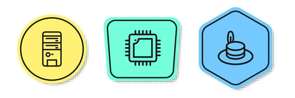Set line Computer, Processor with CPU and Man hat. Colored shapes. Vector Illustrazione stock