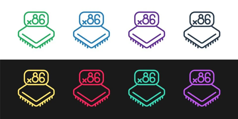 Set line Computer processor with microcircuits CPU icon isolated on black and イラスト素材