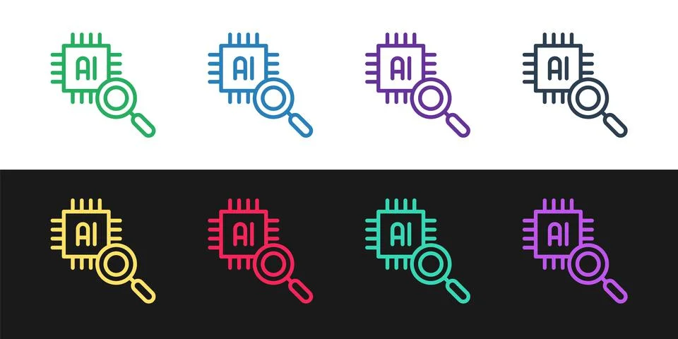 Set line Computer processor with microcircuits CPU icon isolated on black and Illustrazione stock