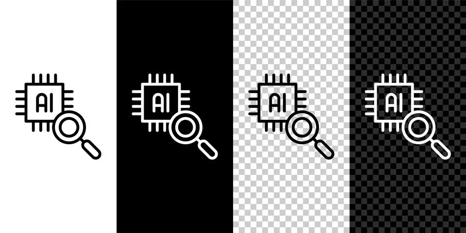 Set line Computer processor with microcircuits CPU icon isolated on black and Stock Illustration