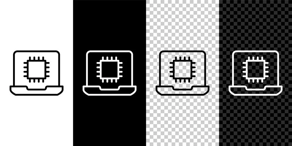 Set line Computer processor with microcircuits CPU icon isolated on black and Stock Illustration