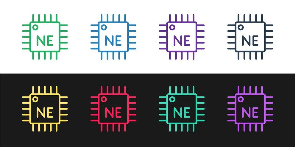 Set line Computer processor with microcircuits CPU icon isolated on black and Stock Illustration