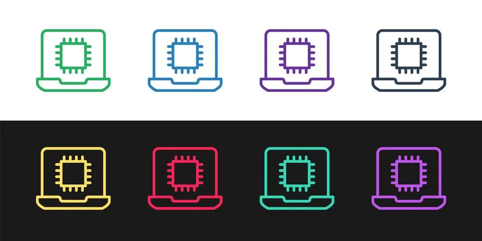 Set line Computer processor with microcircuits CPU icon isolated on black a.. Illustrazione stock