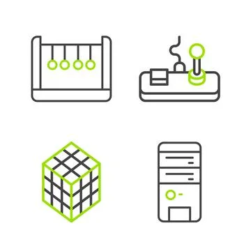 Set line Computer, Rubik cube, Gamepad and Pendulum icon. Vector Illustrazione stock