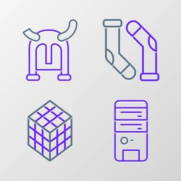 Set line Computer, Rubik cube, Socks and Viking in horned helmet icon. Vector Illustrazione stock