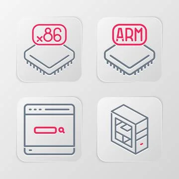 Set line Computer Search engine Processor and with microcircuits CPU icon. Ve イラスト素材