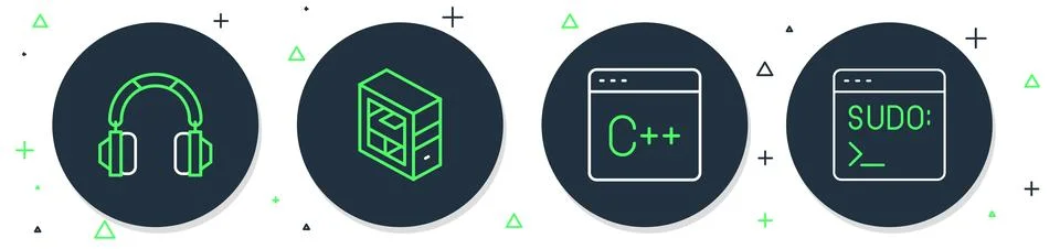 Set line Computer, Software, Headphones and Code terminal icon. Vector Illustrazione stock