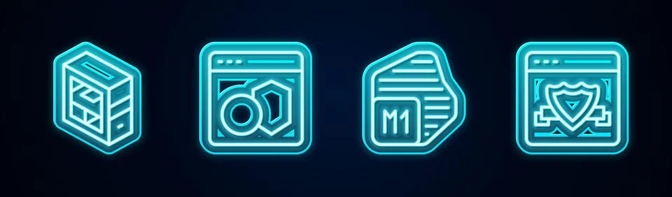 Set line Computer, Software, Processor and Browser with shield. Glowing neon Illustrazione stock