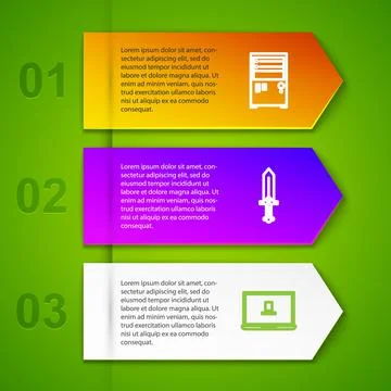 Set line Computer, Sword for game, Laptop and Ancient key. Business infographic Stock Illustration