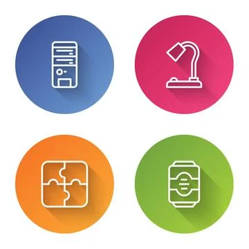 Set line Computer, Table lamp, Piece of puzzle and Energy drink. Color circle Stock Illustration