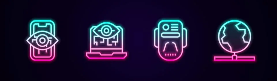 Set line Computer vision, Artificial intelligence robot and Global technology Stock Illustration