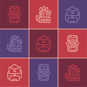 Set line Computer vision, Cloud database and Mechanical robot hand icon. Vect Stock Illustration