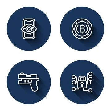 Set line Computer vision, Cryptocurrency coin Bitcoin, Futuristic weapon and Stock Illustration