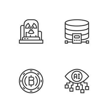 Set line Computer vision, Cryptocurrency coin Bitcoin, Radioactive warning la Stock Illustration