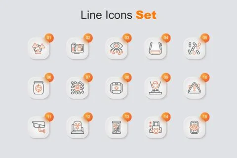 Set line Computer vision, Cyber security, Cryogenic capsules, Radioactive w.. Stock Illustration