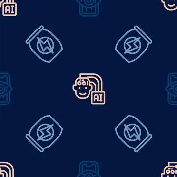 Set line Computer vision, Energy drink and Humanoid robot on seamless pattern Stock Illustration