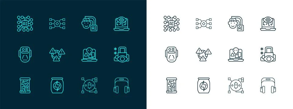 Set line Computer vision, Energy drink, Internet piracy, Blockchain technol.. Illustrazione stock