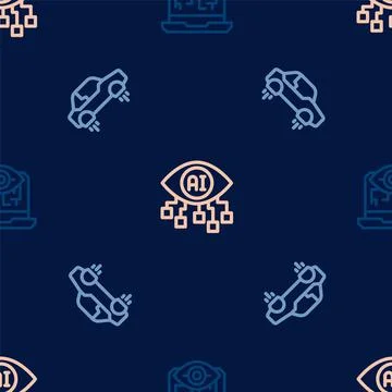 Set line Computer vision, Fantastic flying car and on seamless pattern. Vector 스톡 일러스트
