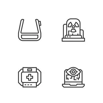 Set line Computer vision, First aid kit, Smart glasses spectacles and Stock Illustration