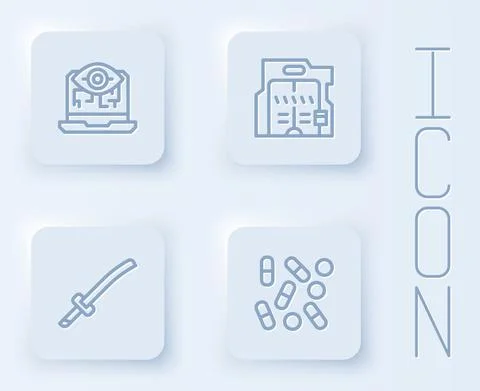 Set line Computer vision, Futuristic sliding doors, Katana and Medical pill Illustrazione stock