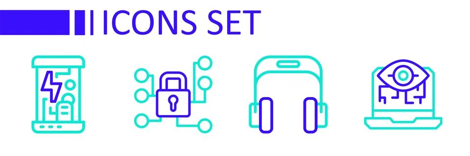 Set line Computer vision, Headphones, Cyber security and Cryogenic capsules.. Stock Illustration