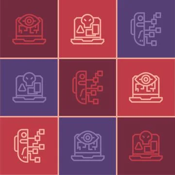 Set line Computer vision, Humanoid robot and Internet piracy icon. Vector Ilustración de archivo