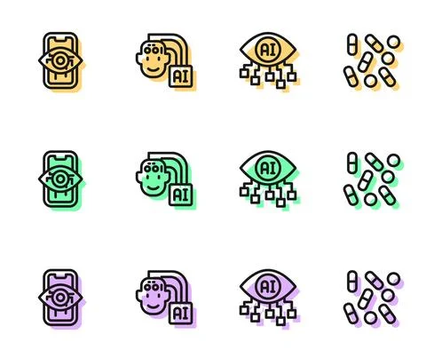 Set line Computer vision, Humanoid robot and Medical pill biohacking icon Ilustración de archivo