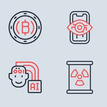 Set line Computer vision, Humanoid robot, Radioactive waste in barrel and C.. Stock Illustration