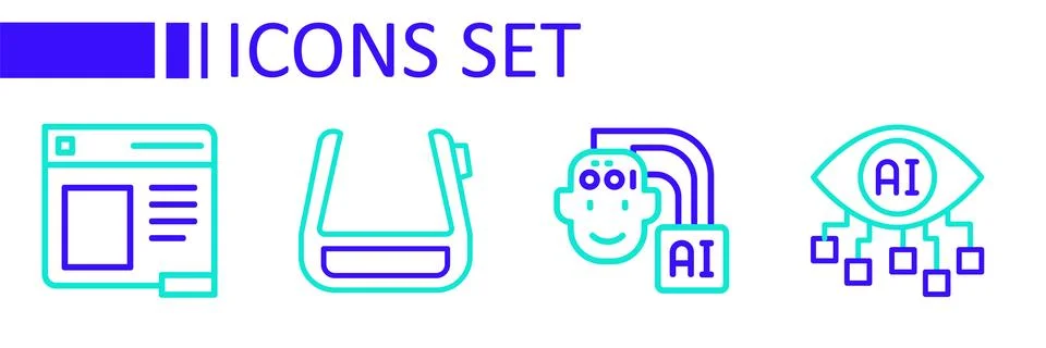 Set line Computer vision, Humanoid robot, Smart glasses spectacles and Brow.. Illustrazione stock