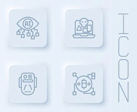 Set line Computer vision, Internet piracy, Artificial intelligence robot and Illustrazione stock