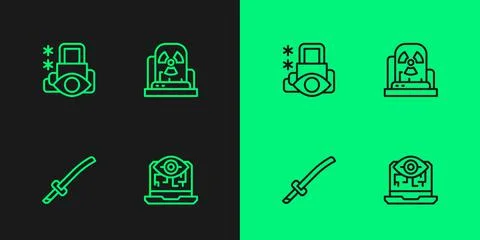 Set line Computer vision, Katana, Cyber security and Radioactive warning lamp 스톡 일러스트