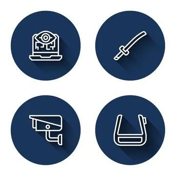 Set line Computer vision, Katana, Security camera and Smart glasses spectacles Stock Illustration