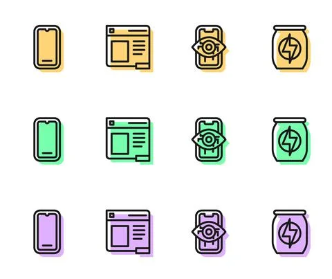 Set line Computer vision, Mobile phone, Browser window and Energy drink icon イラスト素材