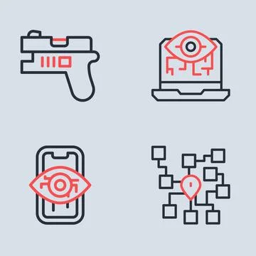 Set line Computer vision, Neural network and Futuristic weapon icon. Vector Stock Illustration