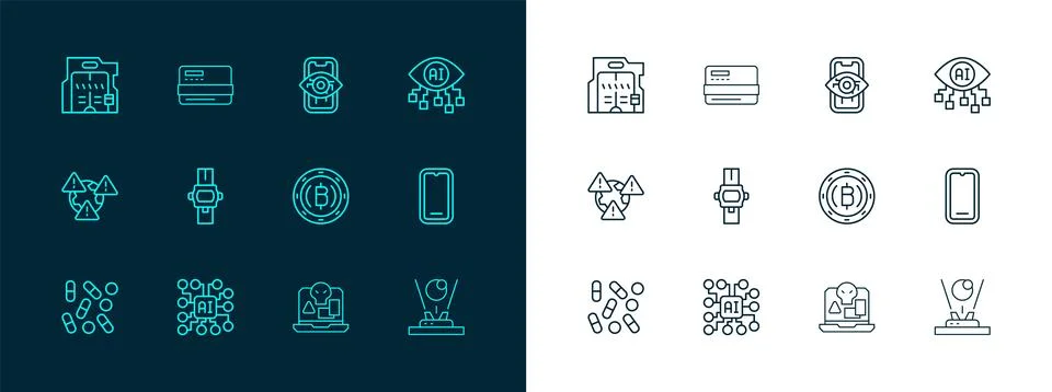 Set line Computer vision, Neural network, Cryptocurrency coin Bitcoin, Inte.. Stock Illustration