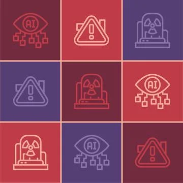 Set line Computer vision, Radioactive warning lamp and Exclamation mark triangle Stock Illustration
