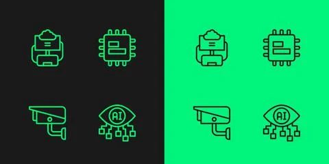 Set line Computer vision, Security camera, Cloud database and Processor CPU icon イラスト素材