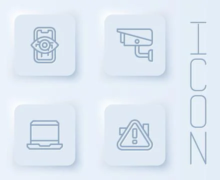 Set line Computer vision, Security camera, Laptop and Exclamation mark in Stock Illustration