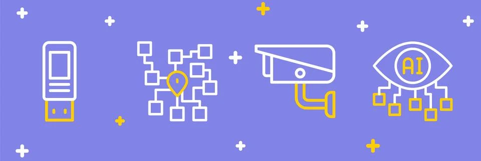 Set line Computer vision, Security camera, Neural network and USB flash dri.. Stock Illustration