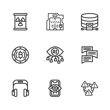 Set line Computer vision, Speech bubble chat, Earth with exclamation mark, .. Stock Illustration