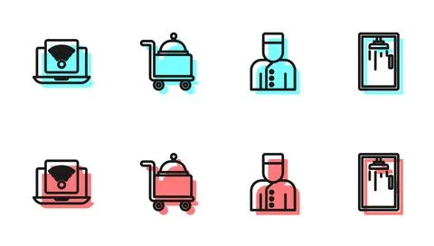 Set line Concierge, Wireless laptop, Covered with tray and Shower cabin ico.. Stock Illustration