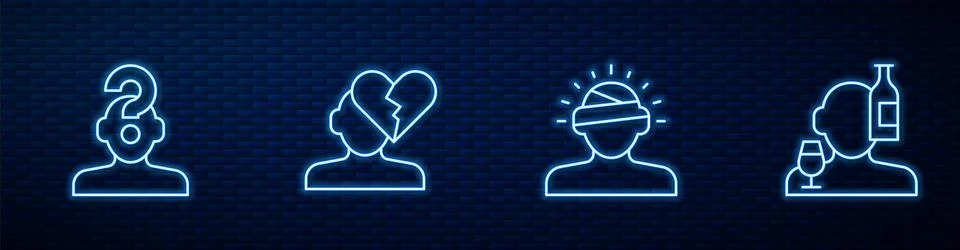 Set line Concussion, headache, Human with question mark, Broken heart or di.. Stock Illustration