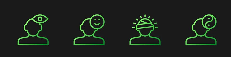 Set line Concussion, headache, Solution problem in psychology, Good mood and  Stock Illustration